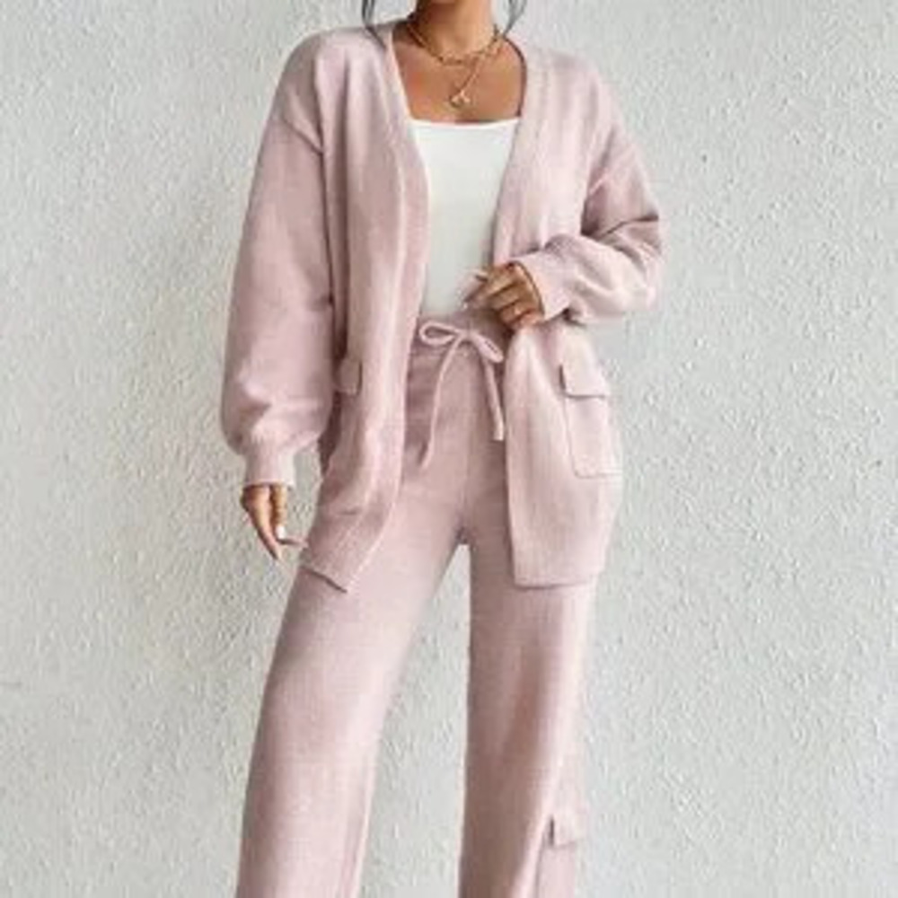 ZARA Pink Casual Womens Drop Shoulder Cardigan & Tie Front Knit Pants